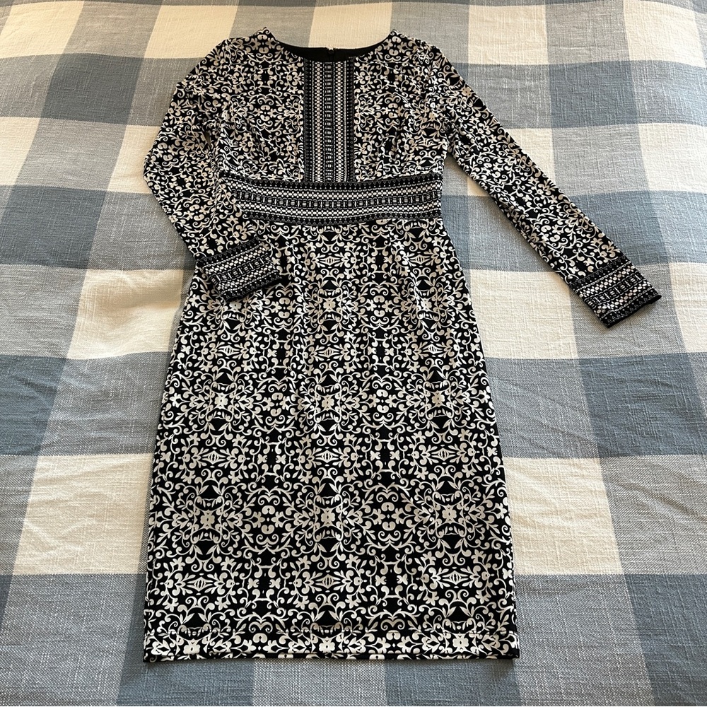 White House Black Market black and white patterned dress.